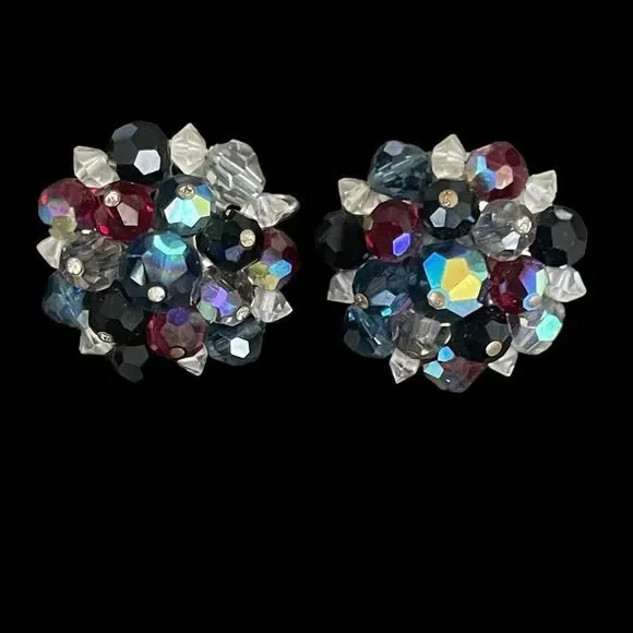 Signed Laguna AB Crystal Beaded Clip On Earrings Silver Tone Vintage Estate